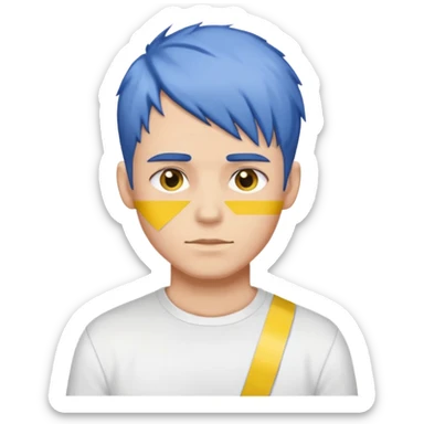 Make me an emoji that has a guy with a white shirt and yellow tape around the shirt with brown and blue hair  sticker