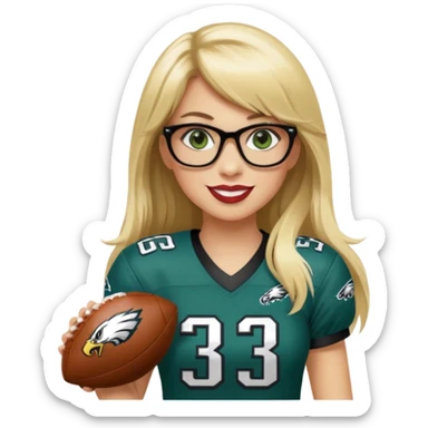 full length women wearing eagles uniform, long blonde hair, styled bangs, green eyes, black glasses, holding football, number 33, smiling, lipstick sticker