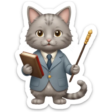 A cat with a mirror on its feet, a book in one hand, a teacher's stick in the other, and hair that looks like Einstein's. sticker