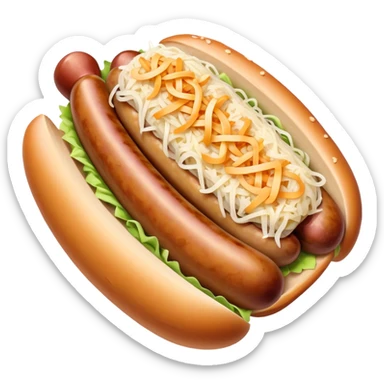 Bratwurst Cinematic Realistic Bratwurst Dish Emoji, depicted as a grilled bratwurst topped with a generous serving of shredded sauerkraut, rendered with rich textures and dynamic, appetizing lighting. sticker