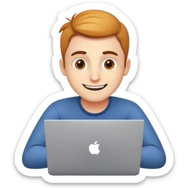 a web designer who is making a layout at a laptop, smiles and gets nervous, pretends that everything is fine, although there is half an hour left before the deadline sticker