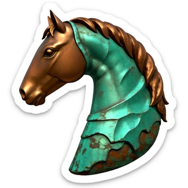 3D render of Bronze Horse Leg, heavily oxidized copper texture, verdigris patina,Fragment of a statue with patina, weathered bronze aesthetic, ancient decay, emoji style, isolated on white background --v 6.0. sticker
