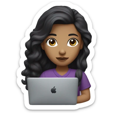 Programmer girl with black wavy hair with macbook. With black eyes, and tan skin, and a dark purple shirt sticker
