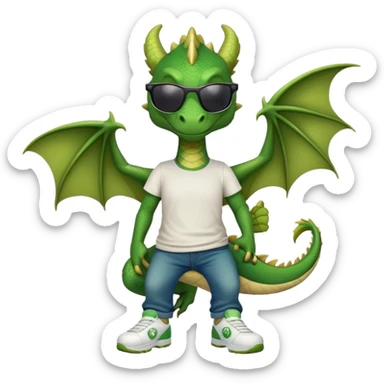 friendly anthropomorphised green dragon in a sports t-shirt and jeans wearing dark sunglasses sticker