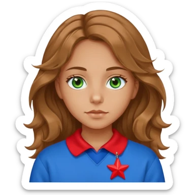 girl with bright green eyes, slightly tanned skin, long light brown wavy hair, wearing a blue sweatshirt with a red star and collar sticker