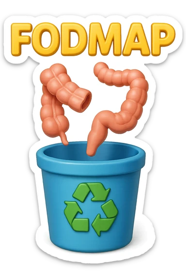 scritte "FODMAP" e pezzi di colon cadono in un secchio della spazzura con simbolo "recycle" sopra, stile emoji iphone, iperrealistico 4k sticker