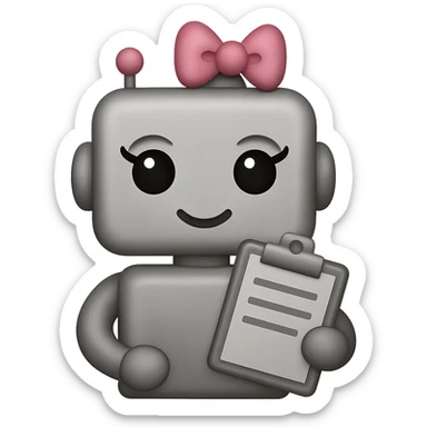 Create an image of a recruiter robot emoji that is even cuter and more feminine, in an apple style, flat and metallic look, holding a clipboard. The background should be transparent. sticker