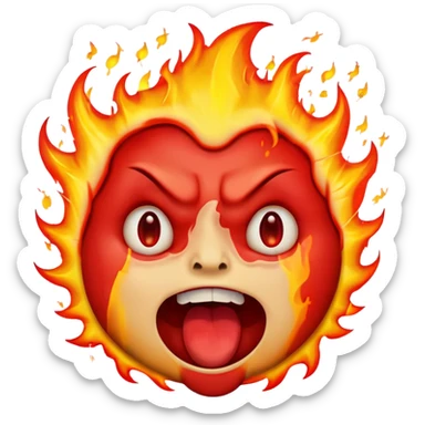 "A highly expressive emoji-style face with wide, bloodshot eyes and an open mouth, breathing a large burst of fire. The emoji has an exaggerated, cartoonish look with bright yellow and orange tones. The fire is detailed with red, orange, and yellow flames, creating a dramatic effect sticker