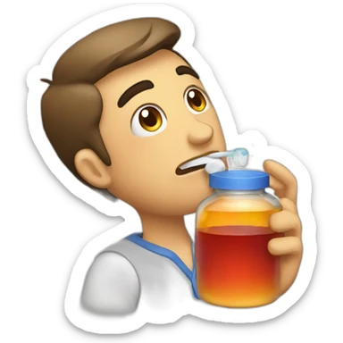 A guy taking medicine afer a party sticker