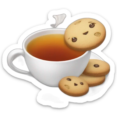 white cup of tea with a tea bag and cookies sticker