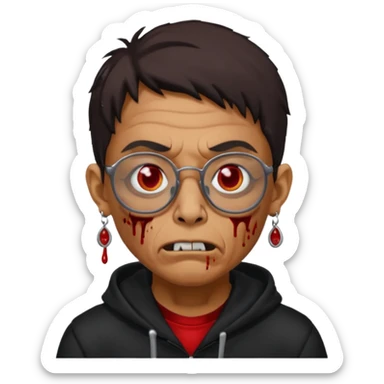 Chico moreno zombie, con gafas y sudadera negra, dos aretes en la oreja izquierda y dos en la derecha, ojeras en los ojos y sticker