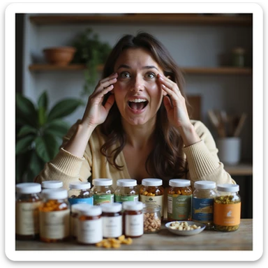 realistic image of a woman excessively taking supplements, considering them miraculous, many colorful jars, expression of exaltation, homely atmosphere sticker