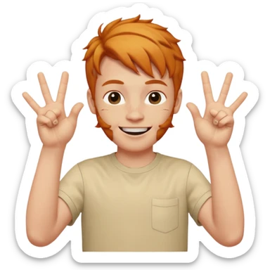 Very happy ginger boy with eyebrow length hair holding up both hands with Shaka hand signs sticker