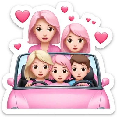 one mom, two daughters, and one son driving in pink convertible with hearts blowing behind sticker