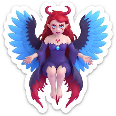 extremely diabolical demon girl with enormous high reaching wings, blood red hair, sinister glowing blue eyes, dark hellish aura, no horns, fangs sticker