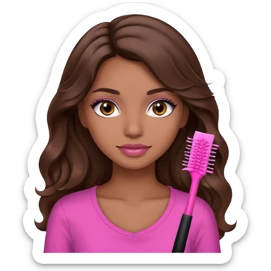gorgeous woman, light brown skin, dark brown eyes, long wavy brown hair, pink top, wearing clear lipgloss and mascara  sticker