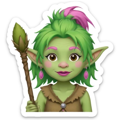 A green troll with green hair and brown and tan raggedy clothes on holding a brown stick with pink lipstick, long eyelashes and pink nails sticker