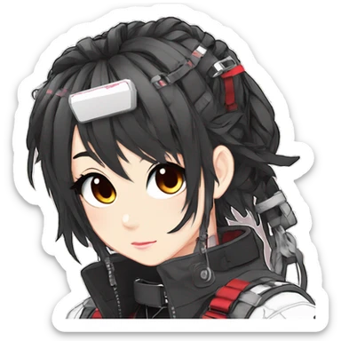 Gorgeous techwear anime style lady with blushing face aesthetic and pretty edgy black red white punk messy hair with collar and harness trending style sticker