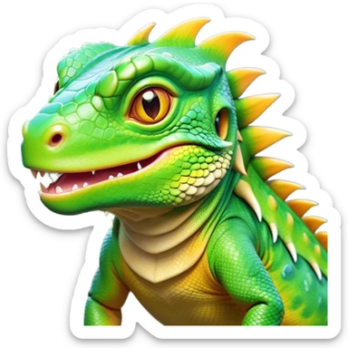 Cinematic Realistic Cute Iguana Portrait Emoji, Head tilted playfully and inquisitively, featuring a compact, agile build with a glossy, intricately scaled body in vivid green hues and a characteristically expressive face with bright, curious amber eyes, rendered in lifelike detail with natural highlights, high shine, affectionate and lively, styled with a touch of tropical whimsy, soft glowing outline, capturing the essence of a mischievous yet lovable iguana that seems poised to scurry out of the screen into your arms! sticker
