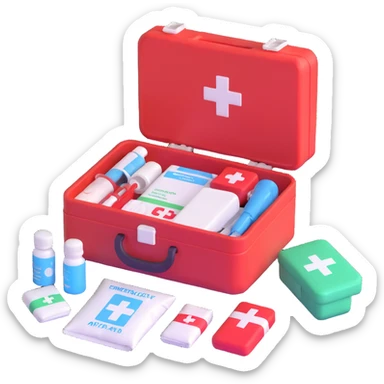 emergency first aid kit box open with medical supplies sticker