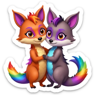 black female raccoon dragon hybrid with rainbow colored wings and purple eyes giving a big hug to a red female fox dragon hybrid with rainbow colored wings and orange eyes sticker