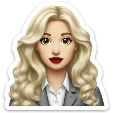 Russian Blonde long hair with big red lips small nose and black eyes Tiffany diamond seller in a grey suit sticker