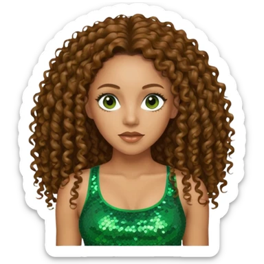 Melanie Brown with long brown curly hair, green sequin crop top, brown eye sticker