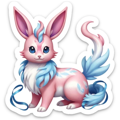 Feral Rare Fantasy cute realistic adorable pastel pink light-blue white iridescent Sylveon-Milotic-Minccino-Vernid-hybrid by LiLaiRa, markings, full body sticker