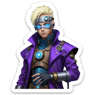 Cyberpunk City, Dr. Numen Oppen, a **tan-skinned cyber-steampunk visionary** with **piercing blue eyes** and **platinum-blond hair** infused with biomechanical enhancements. He wears a **refined steampunk coat** with brass and neon blue accents, layered with **cyberpunk tactical gear**. A sleek **purple-tinted visor** enhances his gaze, and a **glowing energy core** pulses at his chest. In the neon-drenched cityscape, he exhales **cyber-vapor from an ornate smoking pipe**, lost in deep thought. sticker