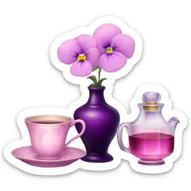 A cozy aesthetic: a dark purple candle in a glass jar, pink pansies, a violet vintage perfume bottle, and a pink cup of steaming tea. sticker