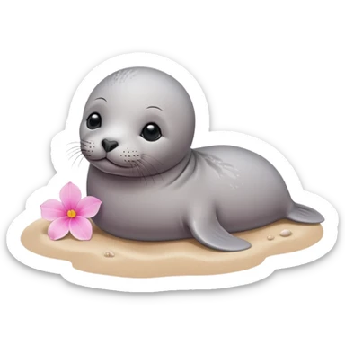 A small, slim baby seal resting gracefully on a sandy beach, with a delicate pink flower placed on its head.  Grey color sticker