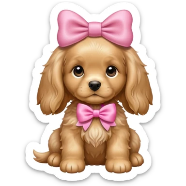 A golden cocker spaniel puppy wearing a pink bow sticker