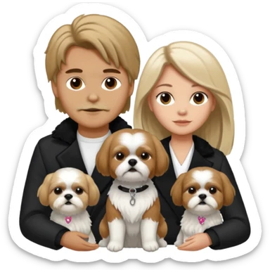 A couple boy with nice hair  and beautiful girl with long dark blond hair and with two shih tzu dogs with  black and white coat sticker