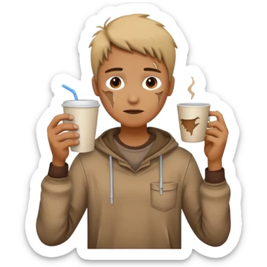 Create an emoji that shows a person wearing torn clothes with visible dirt marks and an empty cup. sticker