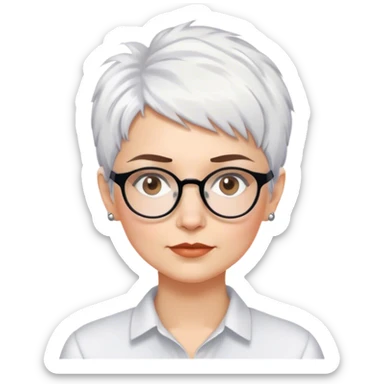 White woman with short pixie messy white hair social scientist glasses brown brows sticker