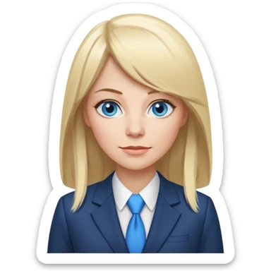 40 yr old white woman, pale skin, long straight blond hair parted in center, blue eyes, bangs, dress clothes for work sticker