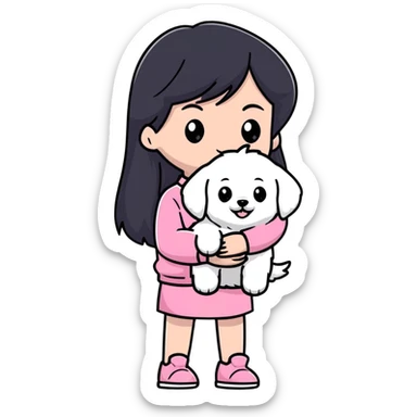 Beautiful girl with long straight black hair, fair skin, wearing pink clothes, holding a pure white fluffy Maltese dog sticker