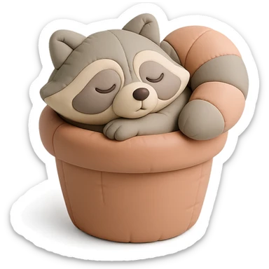 Sleepy raccoon inside a flower pot, pastel earthy colors, soft pastel colors, high-quality design, cushion style sticker