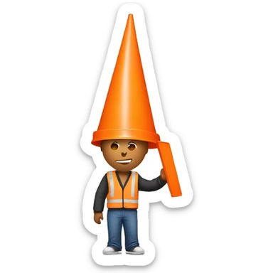 A guy with a orange traffic cone on his head that goes all the way down to his eyes  sticker