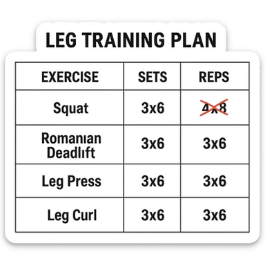 scheda di allenamento gambe con volume di allenamento ridotto (fai alcuni esercizi con 4x8 scritti in precedenza sbarrati in rosso e la correzione accanto tipo 3x6), scrivila al meglio che puoi sticker