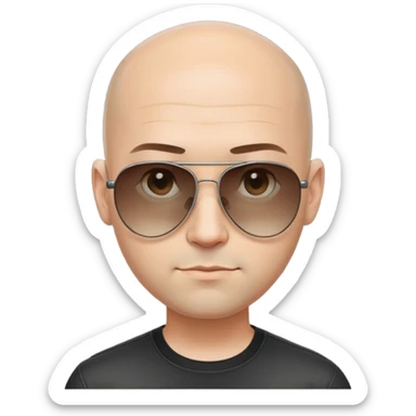 Oval-faced man with large forehead, aviator sunglasses with metal frame, extremely short dark hair with completely bald sides (skin fade), light tan skin, friendly neutral expression, black shirt sticker