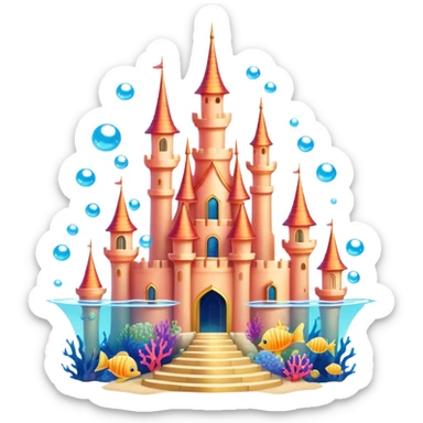 Ariel's underwater castle from The Little Mermaid, golden spires, colorful coral, seashell architecture, bubbles sticker