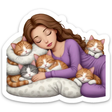 girl with long wavy brown hair, brown eyes, long lashes makeup, sexy pink lips, light to medium complexion,  sleeping on a cozy pillow, with 6 cats: 1 brown and white tabby cat, 1 ginger and white, 2 grey and white, 1 grey has white mittens and small white patch on its chest and 1 calico, sleeping sticker
