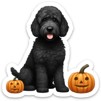 A black goldendoodle with grey spots, sitting next to a jack o’ lantern sticker