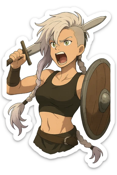 A sword maiden, mohawk, long braid white hair with lavender and tips long messy bangs one side, gold yellow eyes, black crop top, brandishing an arming sword and a shield, roaring! rah! sticker