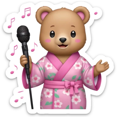 A cute light-brown bear wearing a pastel pink sakura-patterned kimono, normal balanced body ratio.  
Holding a microphone and singing happily, music notes floating around and a bright joyful smile.  
Kawaii emoji style, minimalistic clean sticker illustration, white background. sticker
