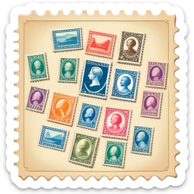 Icon for Stamp Collecting: a large stamp block in the center and a collection of vintage and colorful stamps arranged in an album or on a desk around, with showcasing different themes. The icon should reflect the charm and history of philately. Transparent background. sticker