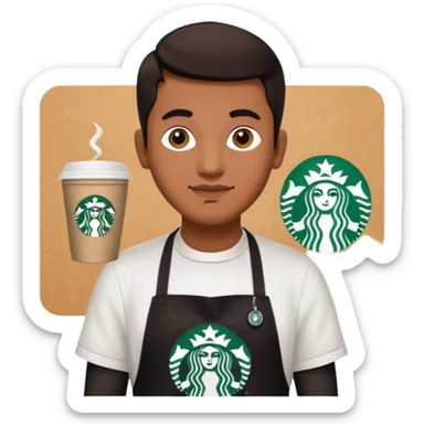 create a sticker of my male bangladeshi friend who is supervisor at starbucks plus coffemaster so black apron woth coffeemaster on it and starbucks logo he s also a comp sci student sticker