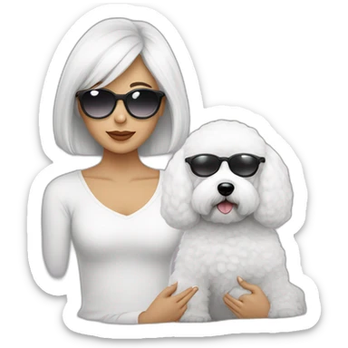 mujer piel blanca cabello obscuro largo con gafas  y perro bichon blanco sticker