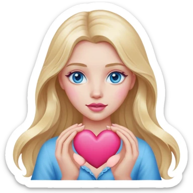 A realistic blonde with long hair and blue eyes and pink lips holds a heart in her hands sticker